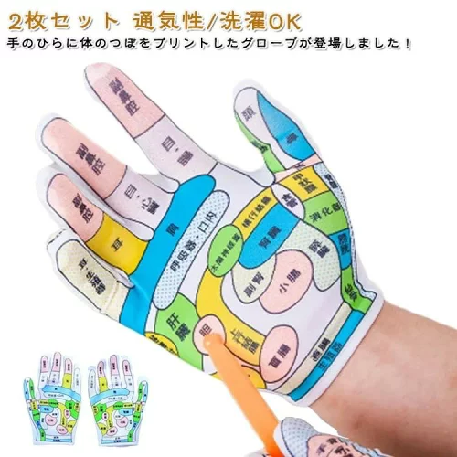 手ツボ押し ツボが見える手袋 疲れ緩和 2枚セット 両面印刷ツボ ストレス解消 通気性 手のひら 柔らかい ツボ押し 健康グッズ 男
