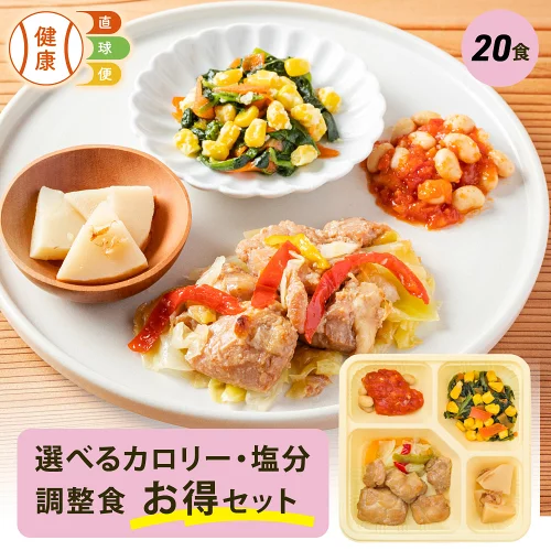 選べる カロリー・塩分調整食20食セット 20食分 20食 冷凍弁当 宅配弁当 宅配 冷凍 弁当 食品 弁当 減塩 レンジ調理 時短 低カロリー 惣菜 カロリー 塩分 高齢者 健康 詰め合わせ 制限食 食事制限 栄養食 時短調理 自宅療養 健康直球便 国内製造 食事